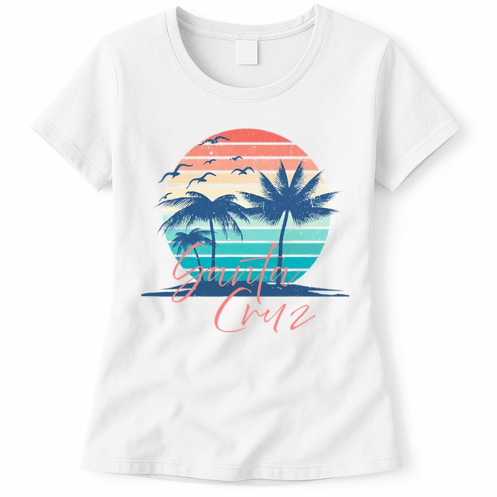 Santa Cruz Vintage Summer Vibes Beach Sunset Retro Palm Tree Womens T-Shirt