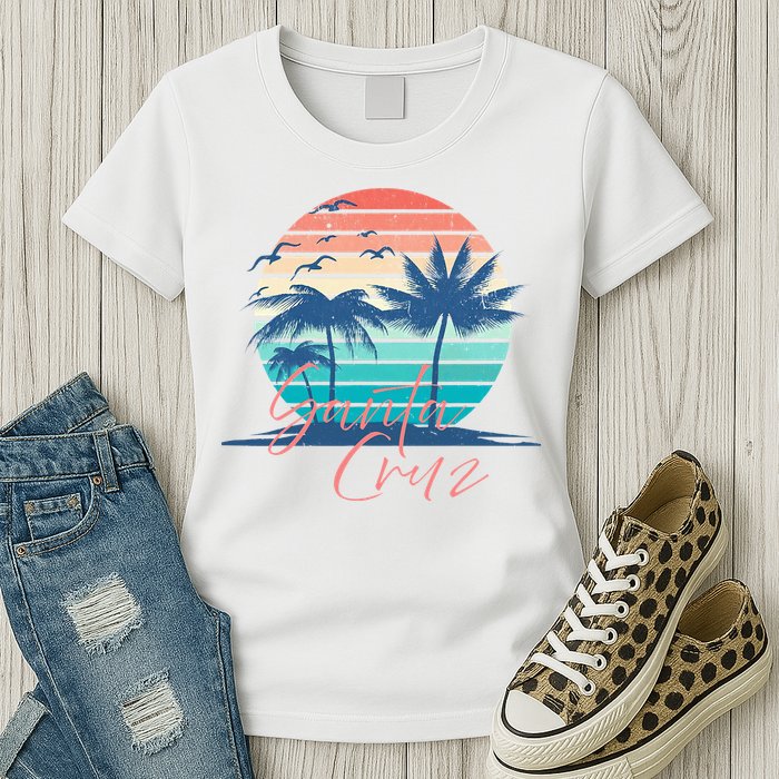 Santa Cruz Vintage Summer Vibes Beach Sunset Retro Palm Tree Womens T-Shirt