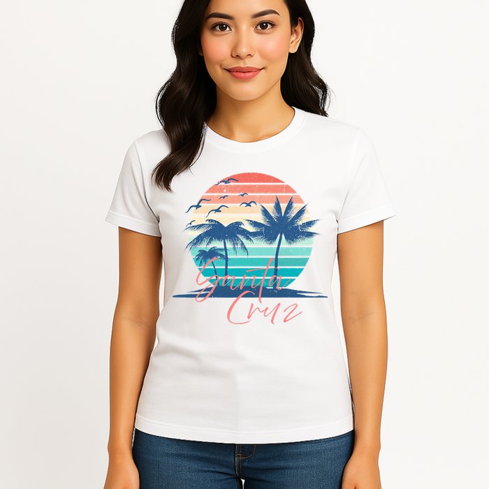 Santa Cruz Vintage Summer Vibes Beach Sunset Retro Palm Tree Womens T-Shirt