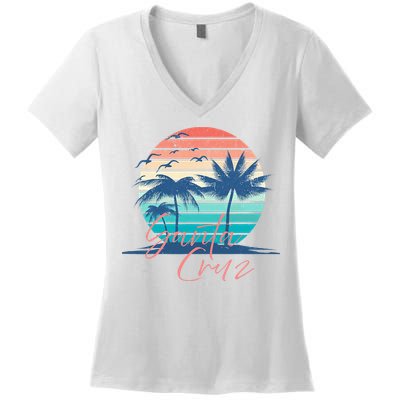 Santa Cruz Vintage Summer Vibes Beach Sunset Retro Palm Tree Women's V-Neck T-Shirt