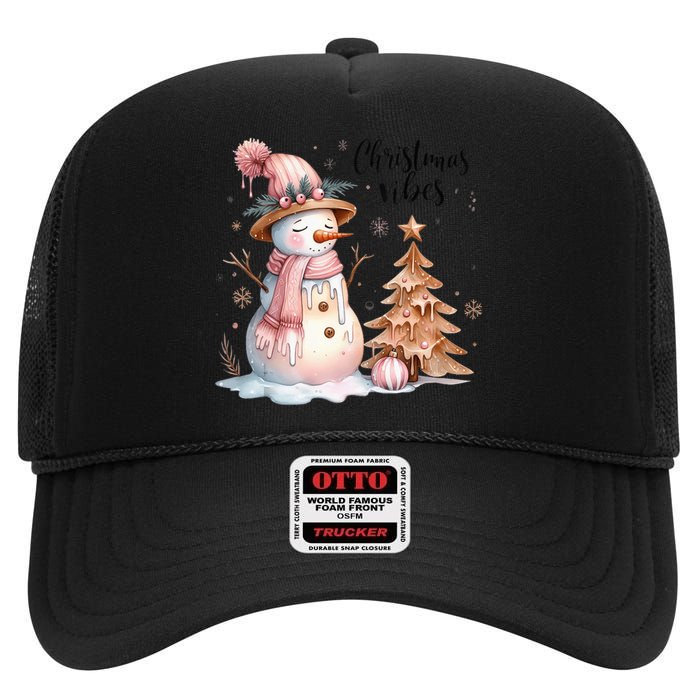 Snowman Christmas Vibes Cute Xmas Tree Winter Wonderland Tank Top High Crown Mesh Back Trucker Hat