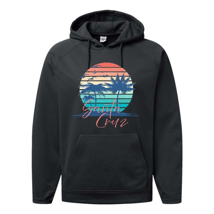 Santa Cruz Vintage Summer Vibes Beach Sunset Retro Palm Tree Performance Fleece Hoodie