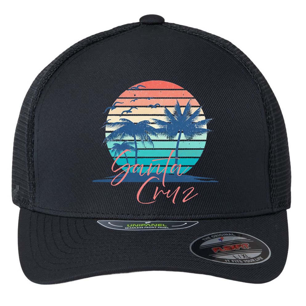 Santa Cruz Vintage Summer Vibes Beach Sunset Retro Palm Tree Flexfit Unipanel Trucker Cap