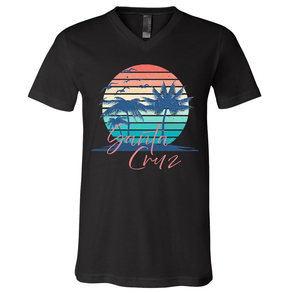 Santa Cruz Vintage Summer Vibes Beach Sunset Retro Palm Tree V-Neck T-Shirt