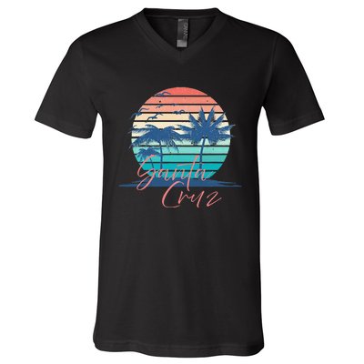 Santa Cruz Vintage Summer Vibes Beach Sunset Retro Palm Tree V-Neck T-Shirt