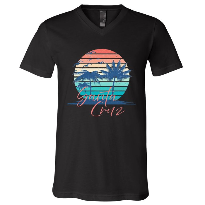 Santa Cruz Vintage Summer Vibes Beach Sunset Retro Palm Tree V-Neck T-Shirt