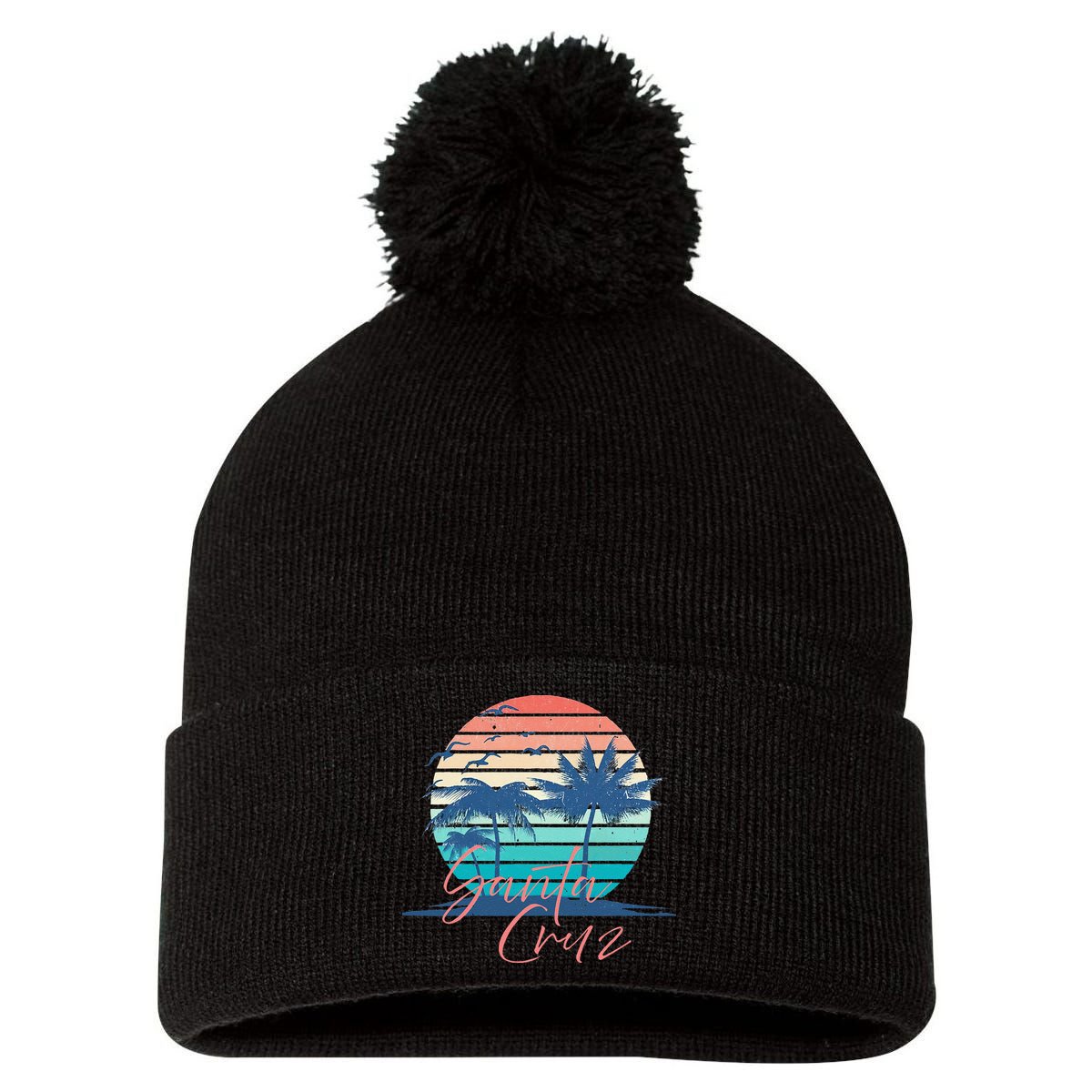 Santa Cruz Vintage Summer Vibes Beach Sunset Retro Palm Tree Pom Pom 12in Knit Beanie