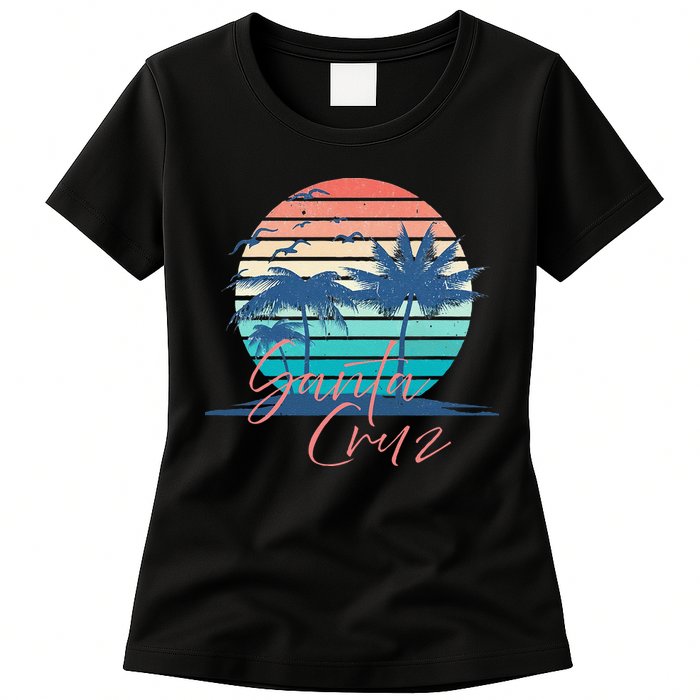 Santa Cruz Vintage Summer Vibes Beach Sunset Retro Palm Tree Womens T-Shirt