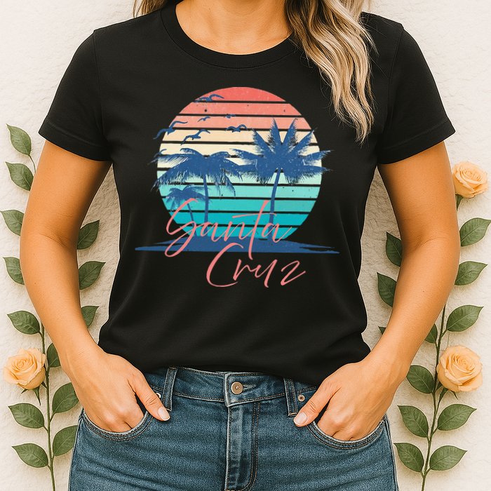 Santa Cruz Vintage Summer Vibes Beach Sunset Retro Palm Tree Womens T-Shirt