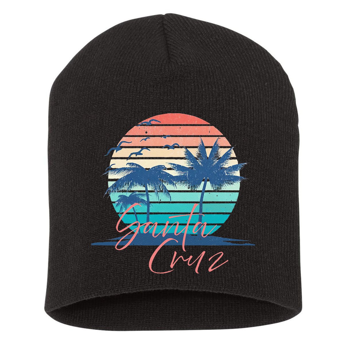 Santa Cruz Vintage Summer Vibes Beach Sunset Retro Palm Tree Short Acrylic Beanie