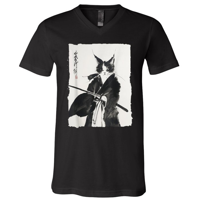 Samurai Cat Vintage Ukiyoe Warrior Art Graphic Cat V-Neck T-Shirt