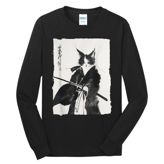 Samurai Cat Vintage Ukiyoe Warrior Art Graphic Cat Tall Long Sleeve T-Shirt