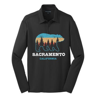 Sacramento California Vintage Bear Grizzly Nature Souvenir Silk Touch Performance Long Sleeve Polo