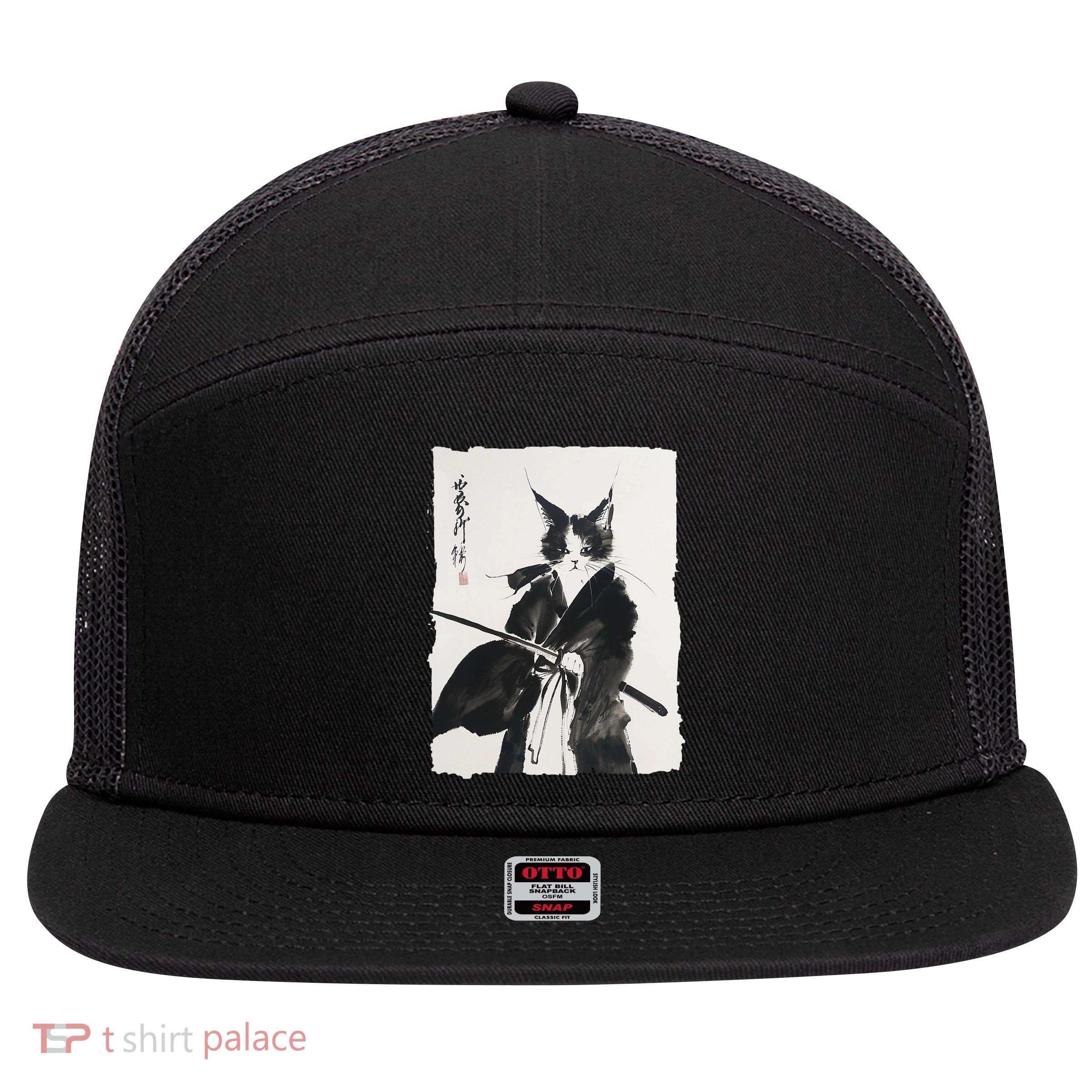 Samurai Cat Vintage Ukiyo-e Warrior Art Graphic Cat Art 7 Panel Mesh Trucker Snapback Hat