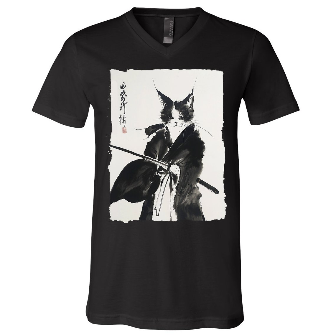 Samurai Cat Vintage Ukiyo-e Warrior Art Graphic Cat Art V-Neck T-Shirt