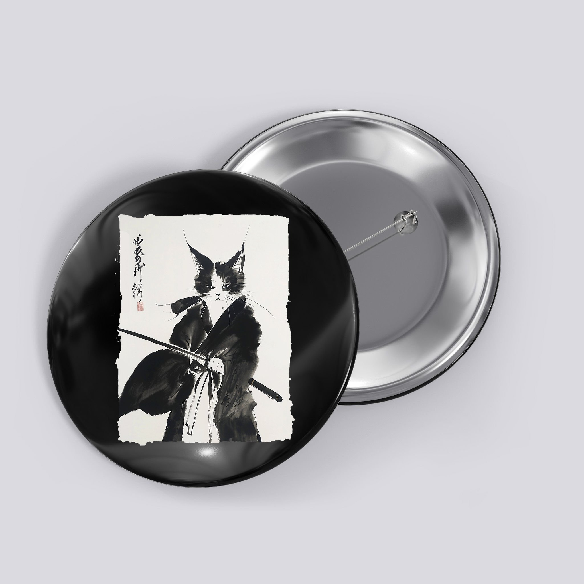 Samurai Cat Vintage Ukiyo-e Warrior Art Graphic Cat Art Button
