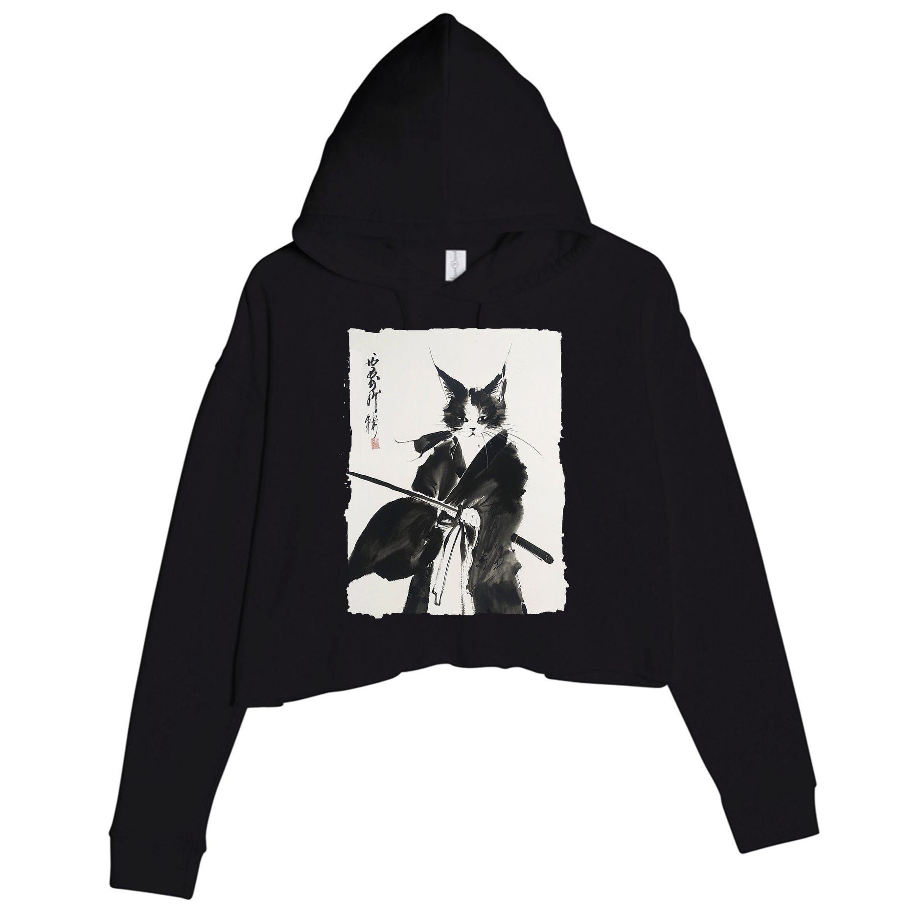 Samurai Cat Vintage Ukiyo-e Warrior Art Graphic Cat Art Crop Fleece Hoodie