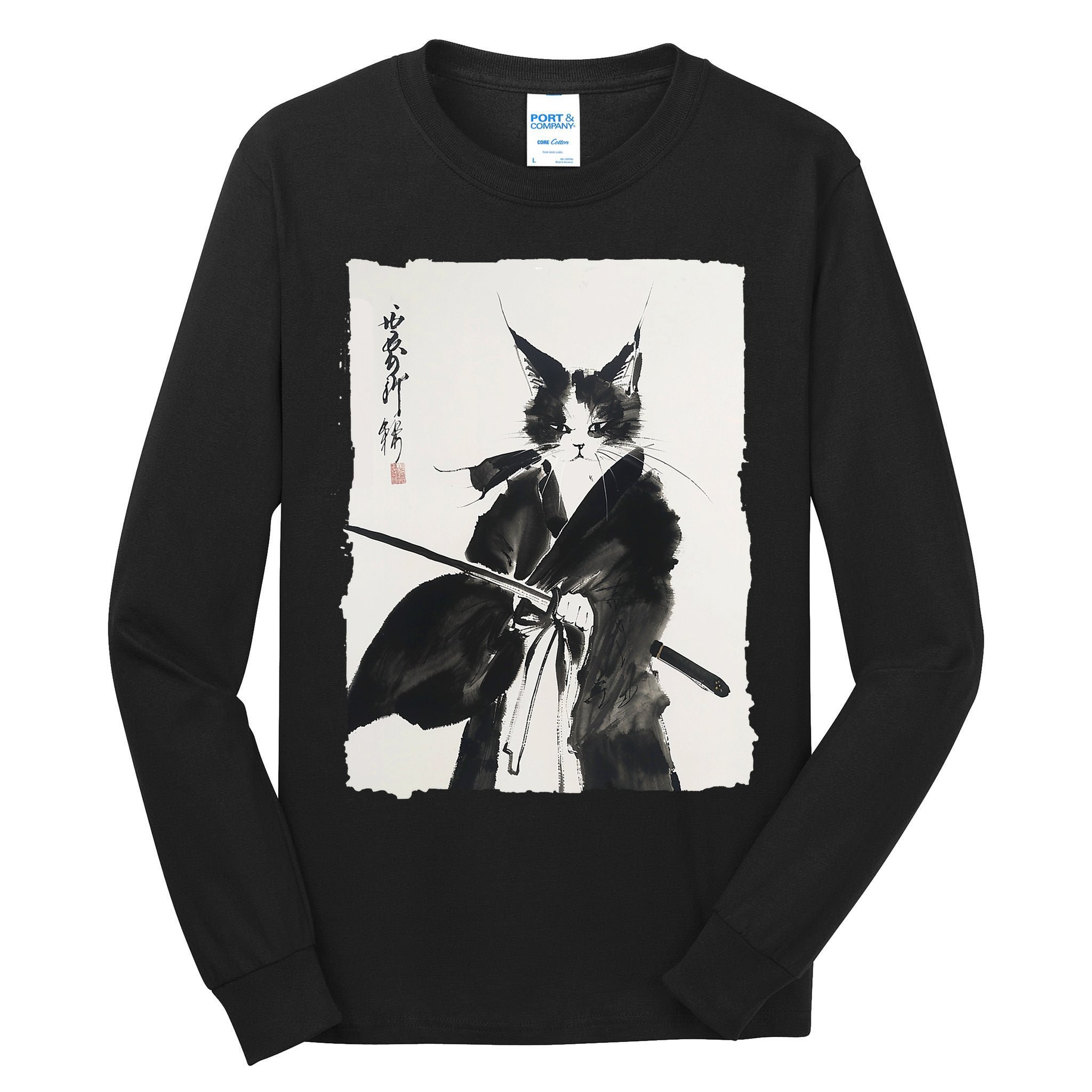 Samurai Cat Vintage Ukiyo-e Warrior Art Graphic Cat Art Tall Long Sleeve T-Shirt