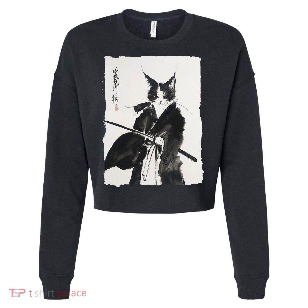 Samurai Cat Vintage Ukiyo-e Warrior Art Graphic Cat Art Cropped Pullover Crew