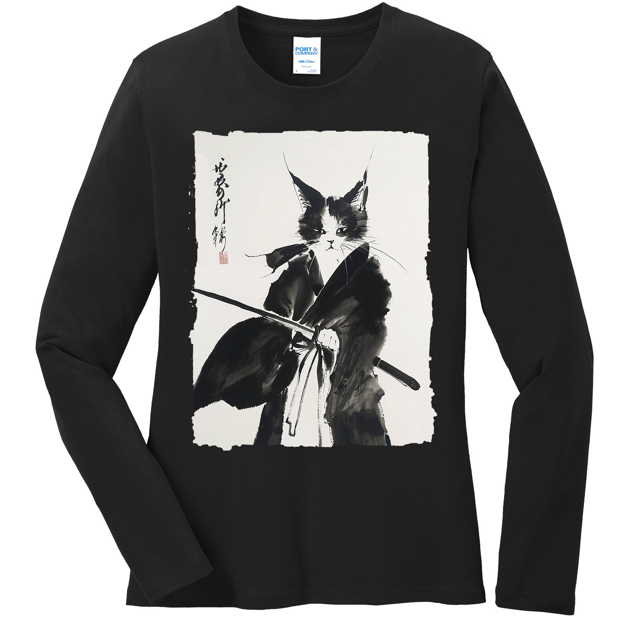 Samurai Cat Vintage Ukiyo-e Warrior Art Graphic Cat Art Ladies Long Sleeve Shirt