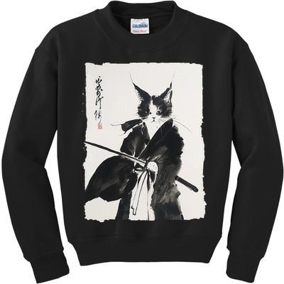 Samurai Cat Vintage Ukiyo-e Warrior Art Graphic Cat Art Kids Sweatshirt