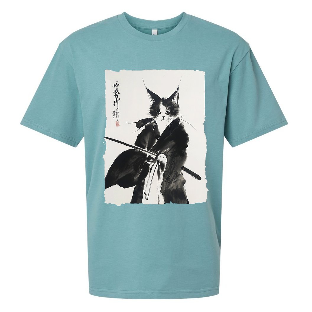 Samurai Cat Vintage Ukiyo-e Warrior Art Graphic Cat Art Sueded Cloud Jersey T-Shirt