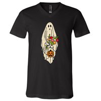 Spooky Chic Vintage Floral Ghost Pumpkin Halloween Costume V-Neck T-Shirt