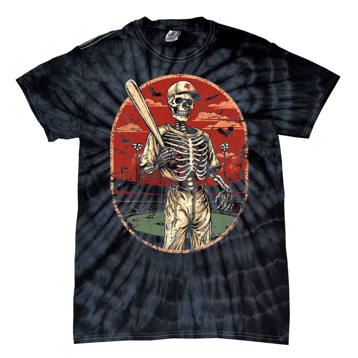 Spooky Creepy Vintage Baseball Skeleton Halloween Tie-Dye T-Shirt