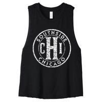 Southside Chicago Vintage Sign Distressed White Print Women's Racerback Cropped Tank