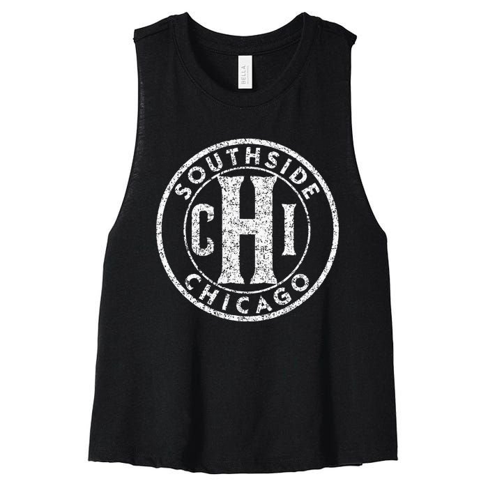 Southside Chicago Vintage Sign Distressed White Print Women's Racerback Cropped Tank