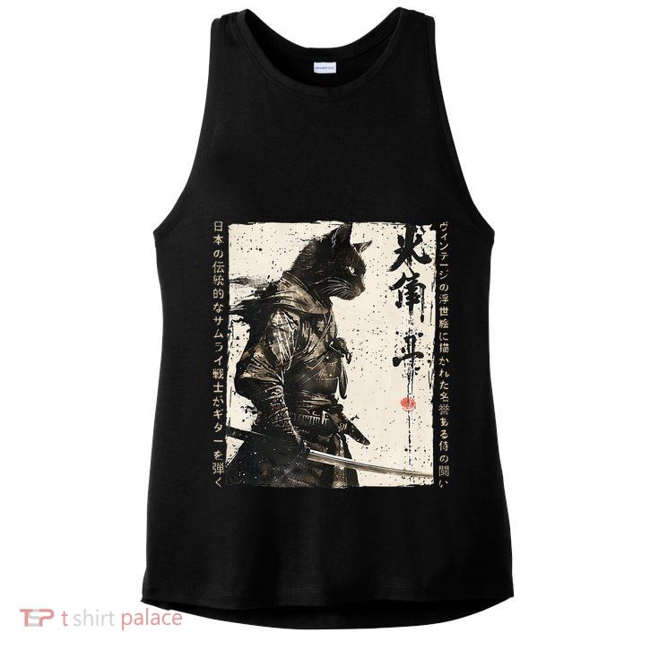 Samurai Cat Warrior Ukiyo Ink Artwork Cat Samurai Ladies PosiCharge Tri-Blend Wicking Tank