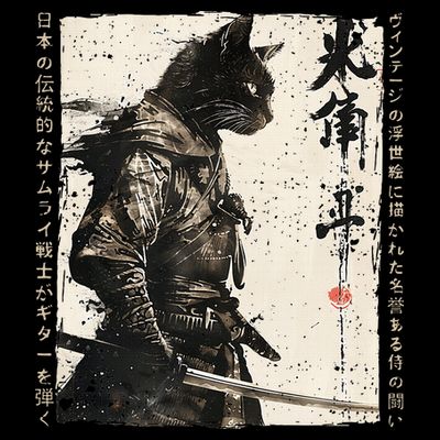 Samurai Cat Warrior Ukiyo Ink Artwork Cat Samurai T-Shirt