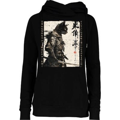 Samurai Cat Warrior Ukiyo Ink Artwork Cat Samurai Womens Funnel Neck Pullover Hood