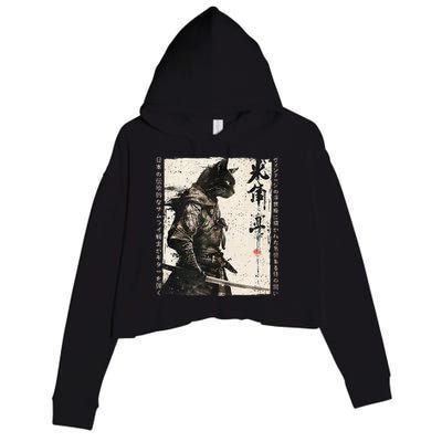 Samurai Cat Warrior Ukiyo Ink Artwork Cat Samurai Crop Fleece Hoodie