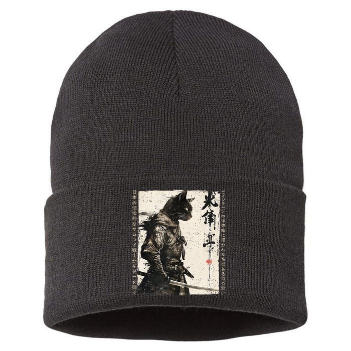 Samurai Cat Warrior Ukiyo Ink Artwork Cat Samurai Sustainable Knit Beanie