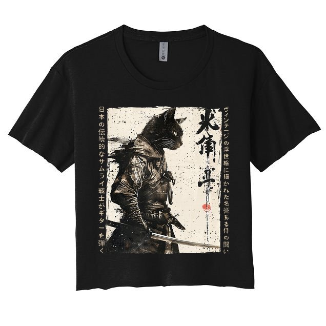 Samurai Cat Warrior Ukiyo Ink Artwork Cat Samurai Women's Crop Top Tee