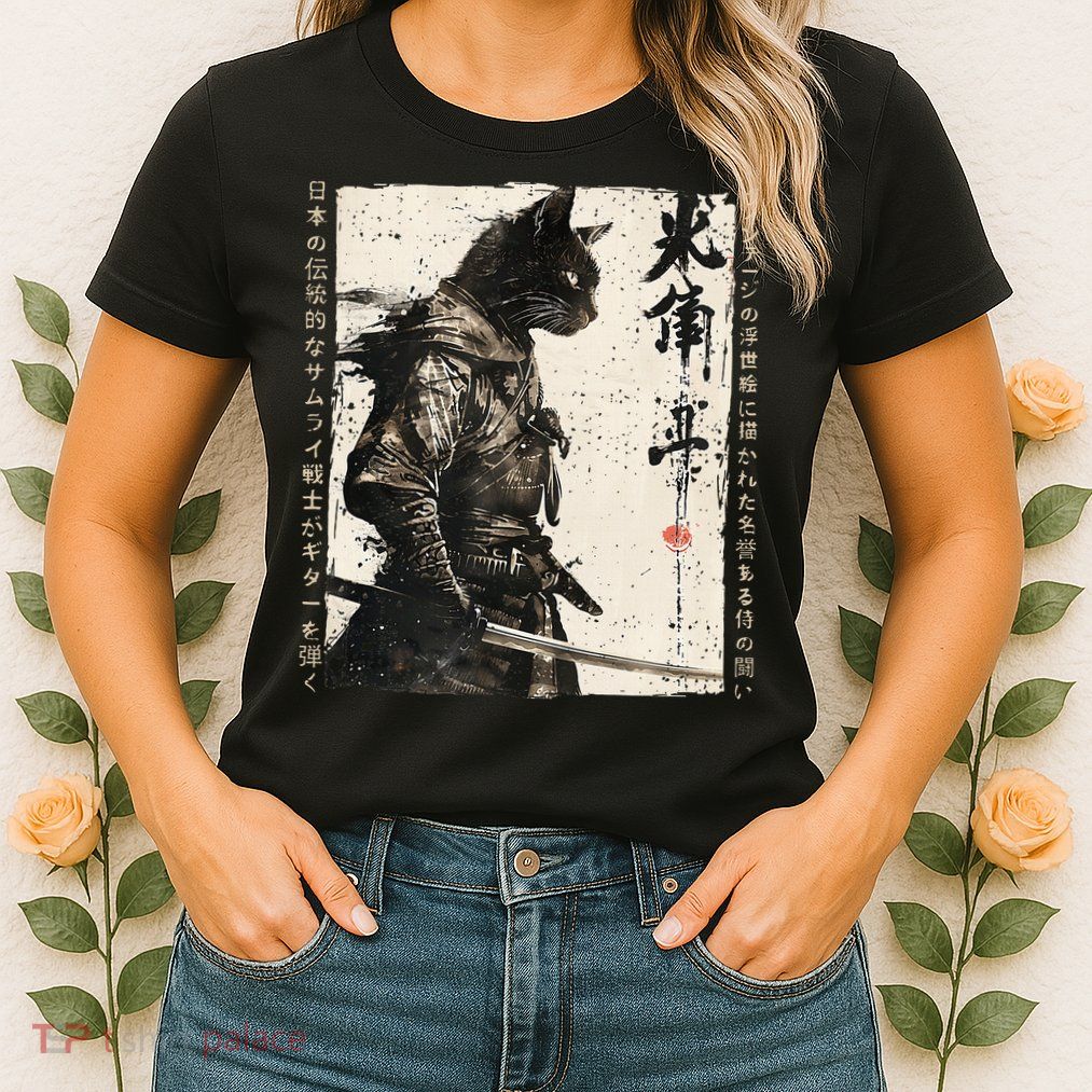 Samurai Cat Warrior Ukiyo Ink Artwork Cat Samurai Womens T-Shirt