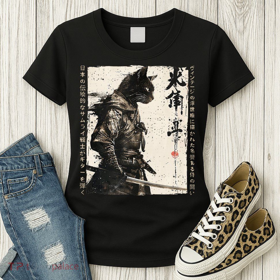 Samurai Cat Warrior Ukiyo Ink Artwork Cat Samurai Womens T-Shirt