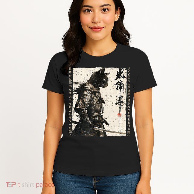 Samurai Cat Warrior Ukiyo Ink Artwork Cat Samurai Womens T-Shirt