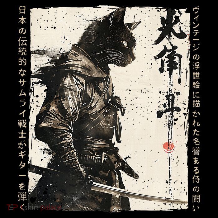 Samurai Cat Warrior Ukiyo Ink Artwork Cat Samurai Womens T-Shirt