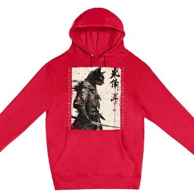 Samurai Cat Warrior Ukiyo Ink Artwork Cat Samurai Premium Pullover Hoodie