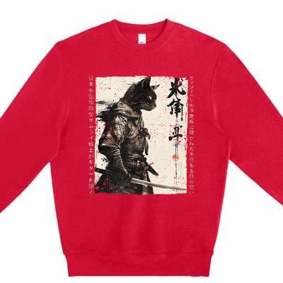 Samurai Cat Warrior Ukiyo Ink Artwork Cat Samurai Premium Crewneck Sweatshirt