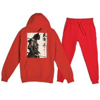 Samurai Cat Warrior Ukiyo Ink Artwork Cat Samurai Premium Hooded Sweatsuit Set