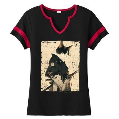 Samurai Cat Warrior Ukiyo Ink Artwork Cat Samurai Ladies Halftime Notch Neck Tee