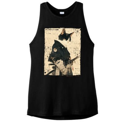 Samurai Cat Warrior Ukiyo Ink Artwork Cat Samurai Ladies PosiCharge Tri-Blend Wicking Tank