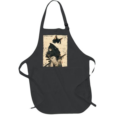 Samurai Cat Warrior Ukiyo Ink Artwork Cat Samurai Full-Length Apron With Pockets