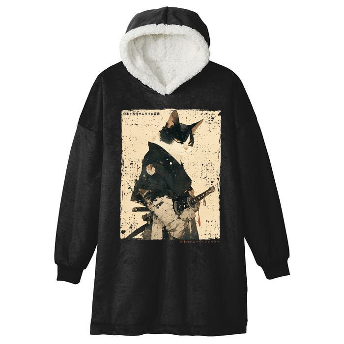 Samurai Cat Warrior Ukiyo Ink Artwork Cat Samurai Hooded Wearable Blanket