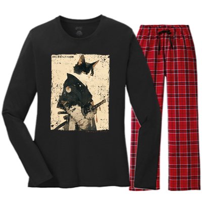 Samurai Cat Warrior Ukiyo Ink Artwork Cat Samurai Women's Long Sleeve Flannel Pajama Set 