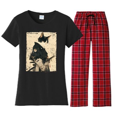 Samurai Cat Warrior Ukiyo Ink Artwork Cat Samurai Women's Flannel Pajama Set