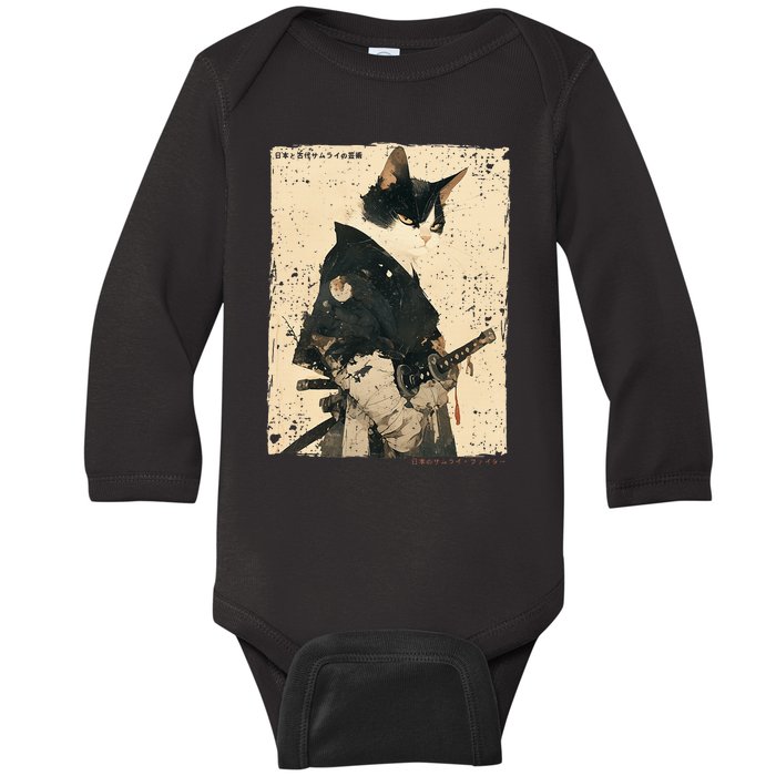 Samurai Cat Warrior Ukiyo Ink Artwork Cat Samurai Baby Long Sleeve Bodysuit